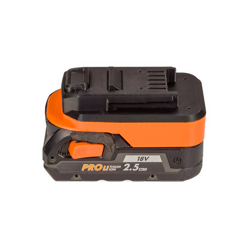 RIDGID 18V to Mastercraft 20V (PWRPOD / Blue) battery adapter - fitted to the battery, Mastercraft tool-side face upward