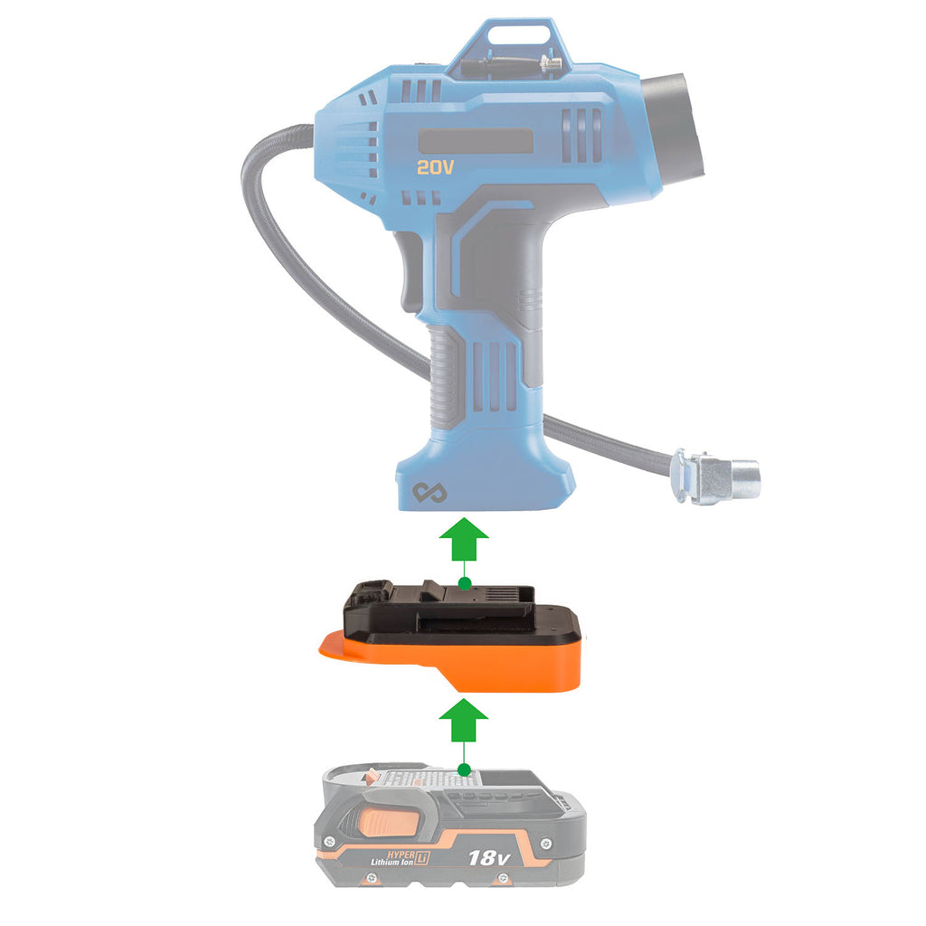 RIDGID 18V to Mastercraft 20V (PWRPOD / Blue) battery adapter - compatibility diagram with tire inflator