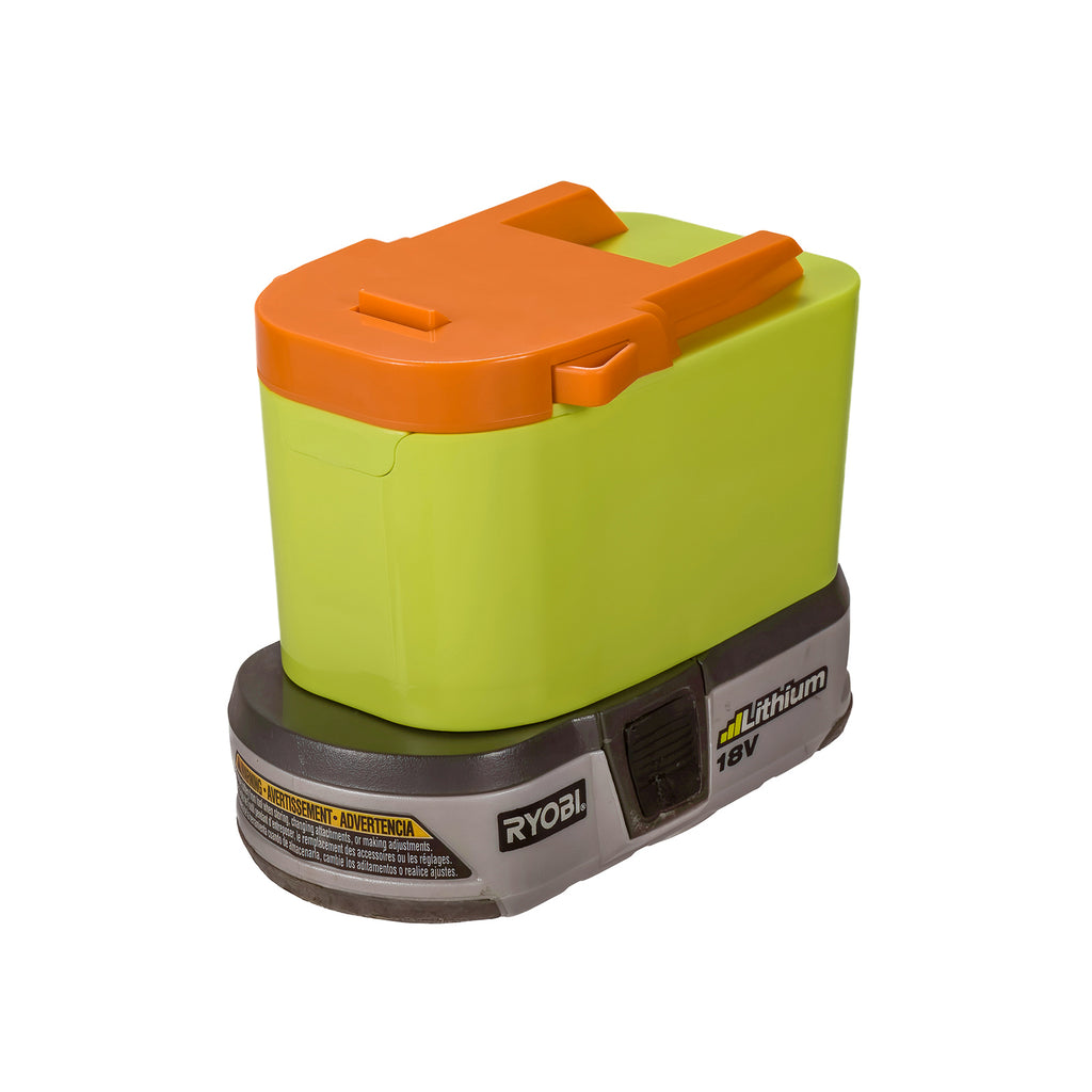 Ryobi 18V ONE+ to AEG 18V battery adapter - fitted to the Ryobi 18V ONE+ battery, orange tool-side latch upward