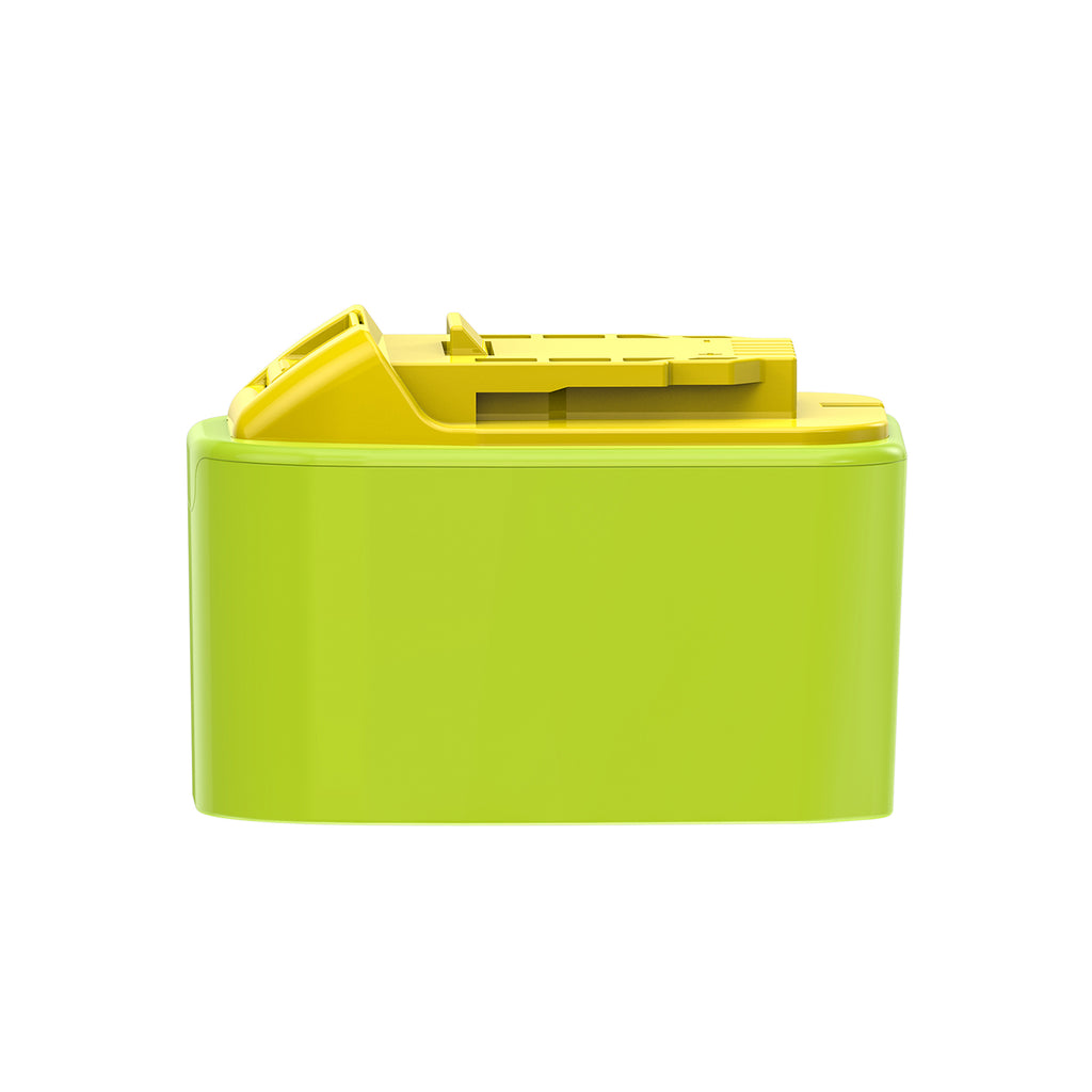 Ryobi 18V ONE+ to DeWalt 20V MAX battery adapter - yellow tool-side rails over the green body, side view