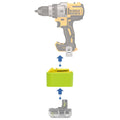 Ryobi 18V ONE+ to DeWalt 20V MAX battery adapter - compatibility diagram showing battery, adapter and drill driver