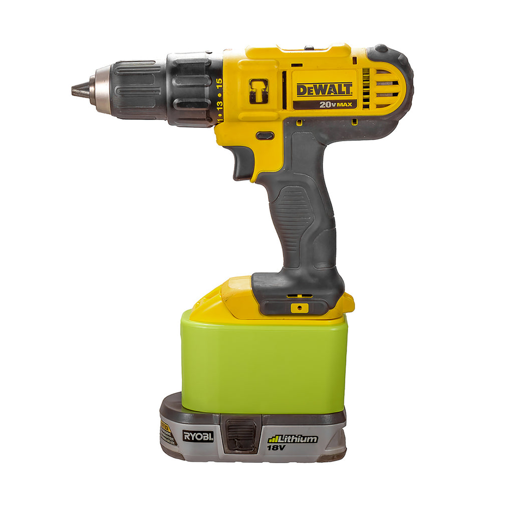 Ryobi 18V ONE+ to DeWalt 20V MAX battery adapter - installed on a DeWalt drill driver, side view with the battery below