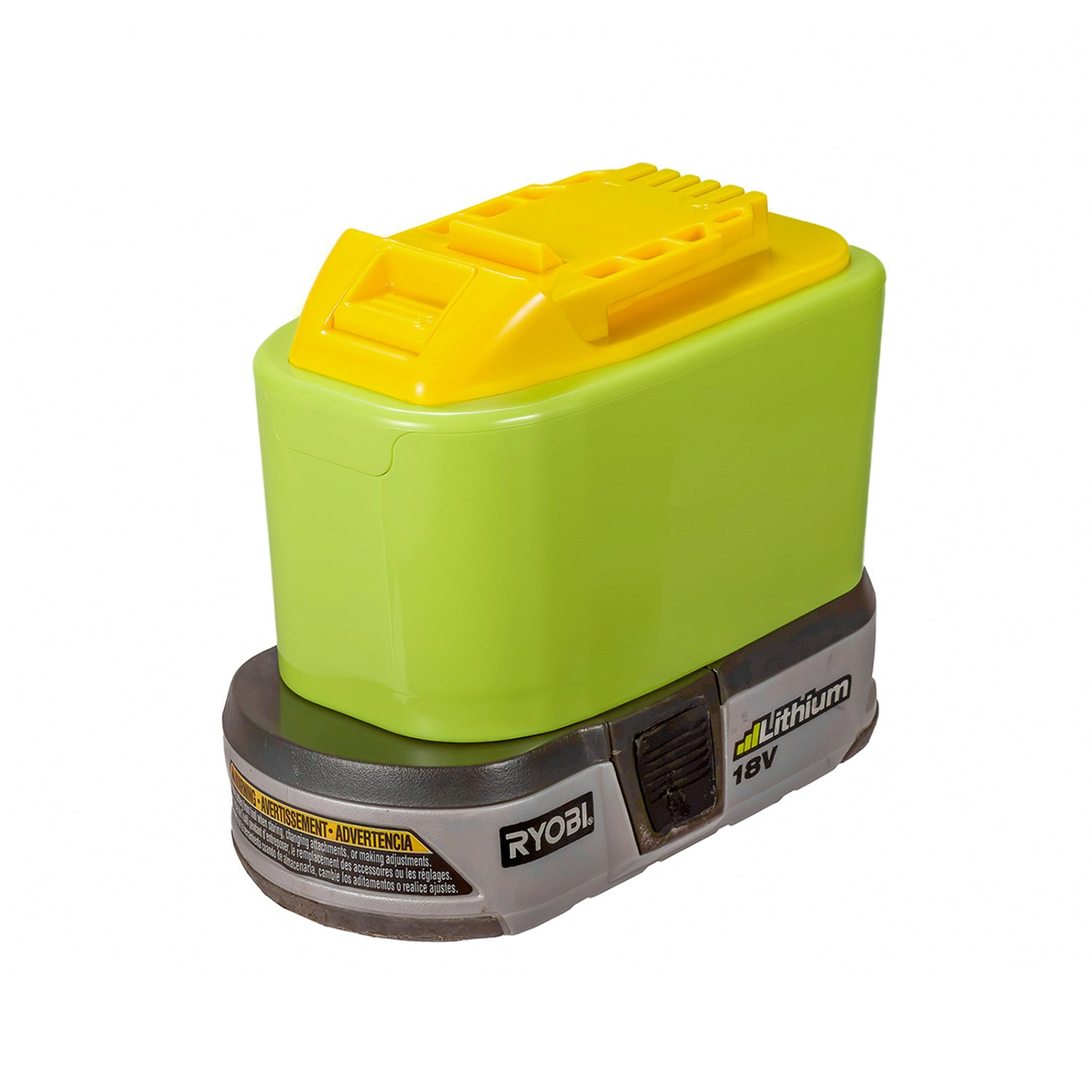 Ryobi 18V ONE+ to DeWalt 20V MAX battery adapter - fitted to the Ryobi 18V ONE+ battery, yellow tool-side rails upward