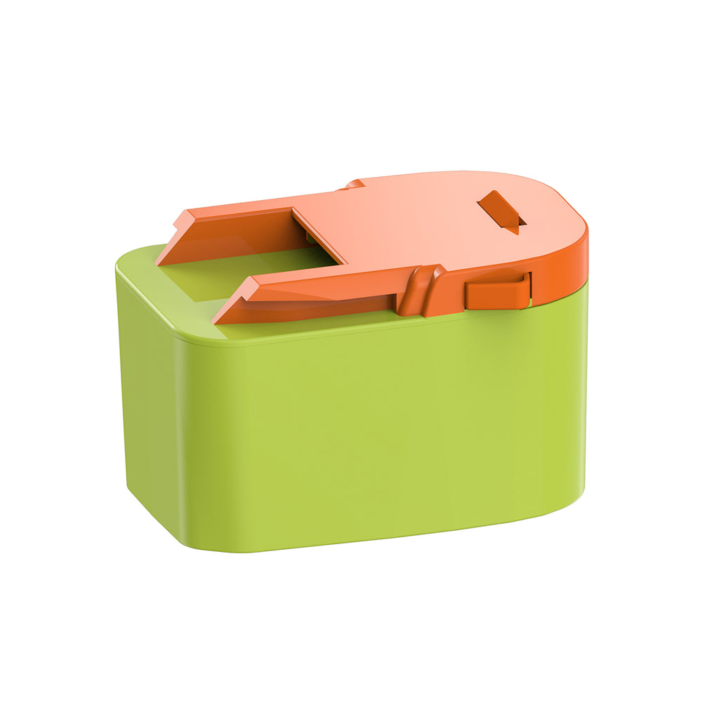 Ryobi 18V ONE+ to AEG 18V battery adapter - orange RIDGID tool-side rails and latch above the green battery-side body