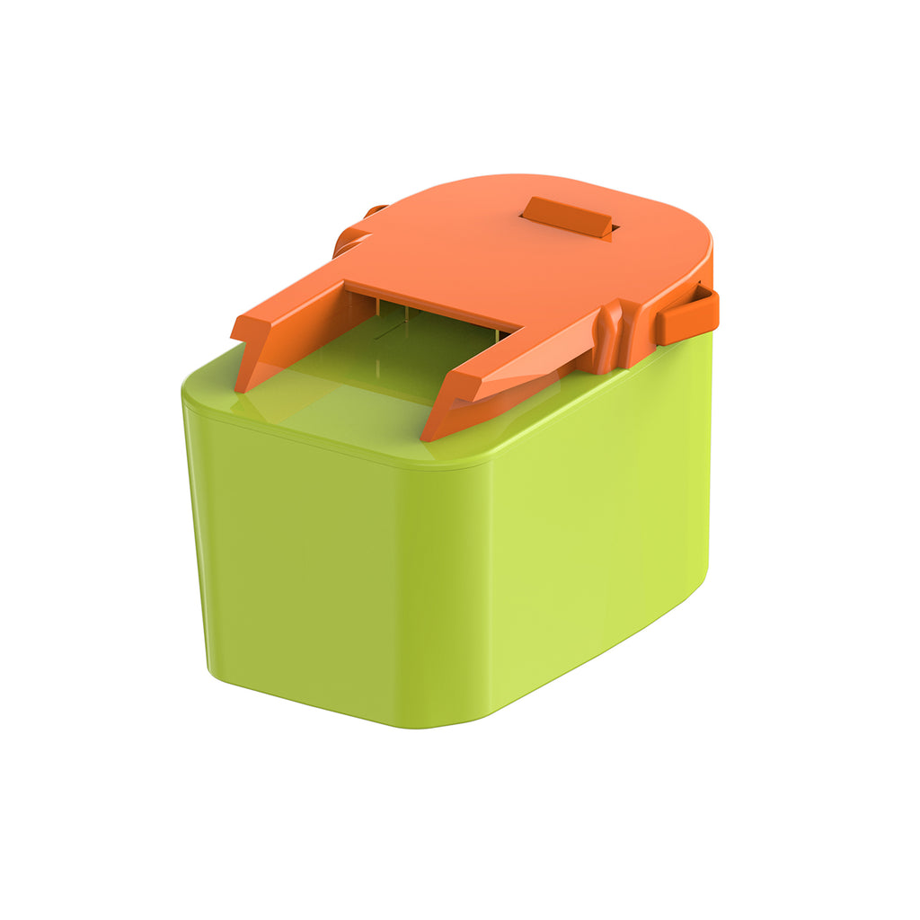 Ryobi 18V ONE+ to AEG 18V battery adapter - orange RIDGID tool-side rails and latch above the green battery-side body