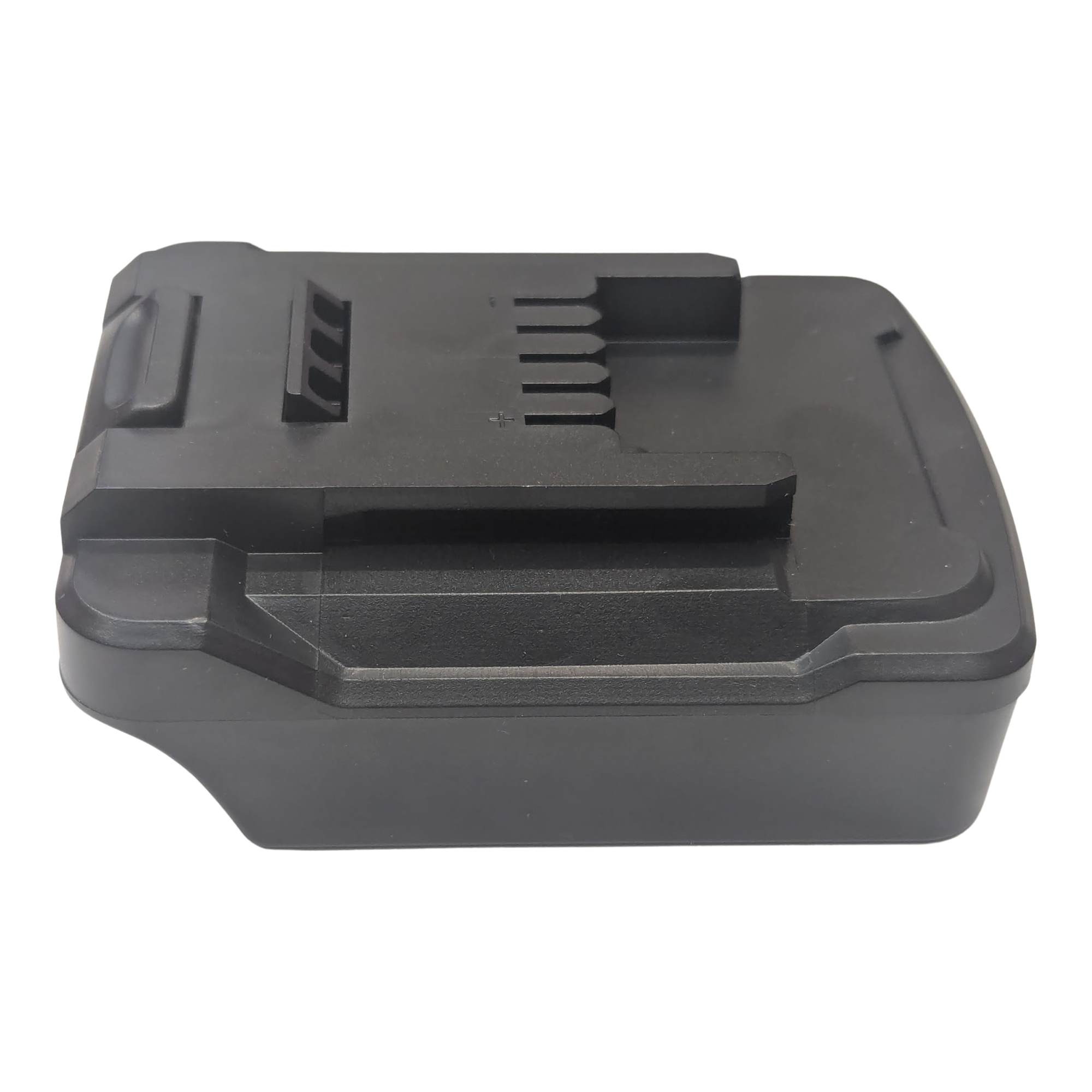 Black and Decker 20V to Einhell 18V PXC battery adapter - side view with the Einhell tool-side connection uppermost