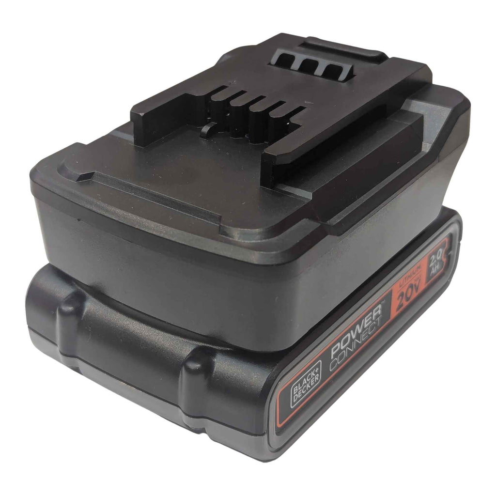 Black and Decker 20V to Ozito 18V PXC battery adapter - fitted to the Black and Decker 20V battery, tool-side rails upward