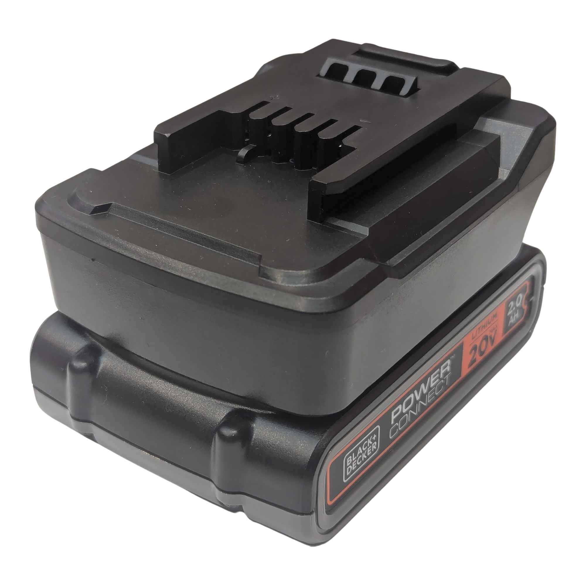 Black and Decker 20V to Ozito 18V PXC battery adapter - fitted to the Black and Decker 20V battery, tool-side rails upward