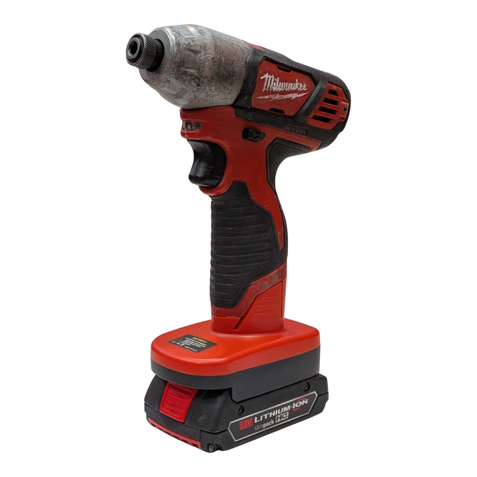 Bosch 18V GBA (Blue) to Milwaukee M12 battery adapter - installed on an impact driver with the battery pack fitted below -
