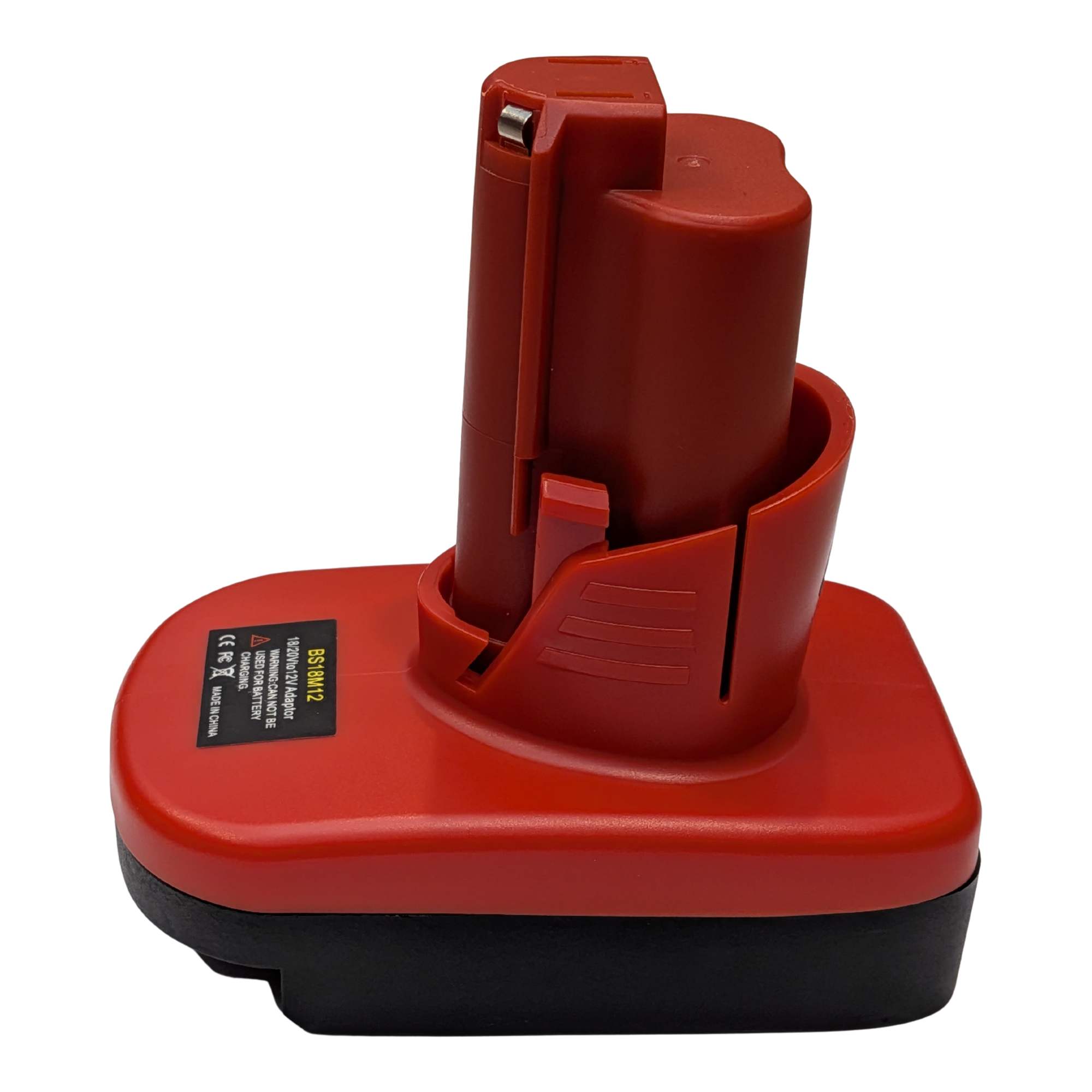 Bosch 18V GBA (Blue) to Milwaukee M12 battery adapter - Milwaukee tool-side tower on the red body above the black base