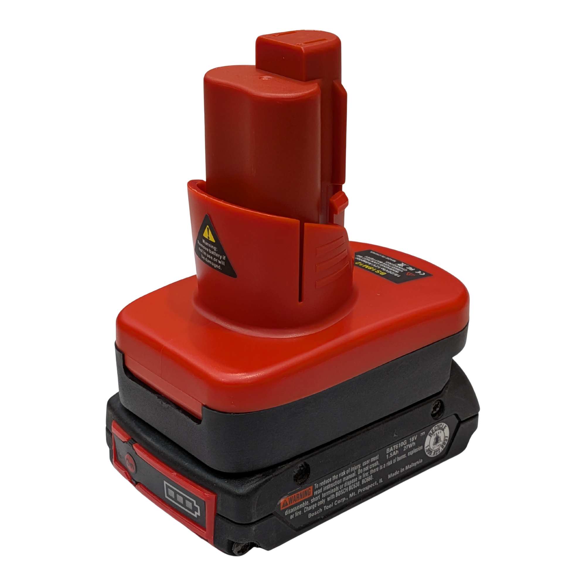 Bosch 18V GBA (Blue) to Milwaukee M12 battery adapter - fitted to the battery, Milwaukee tool-side tower upward