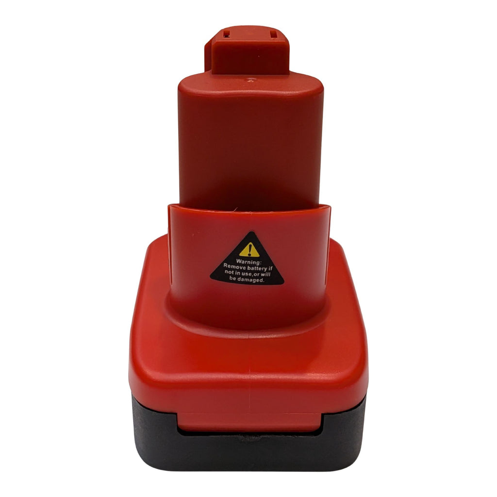 Bosch 18V GBA (Blue) to Milwaukee M12 battery adapter - front view of the Milwaukee tool-side tower with its warning label