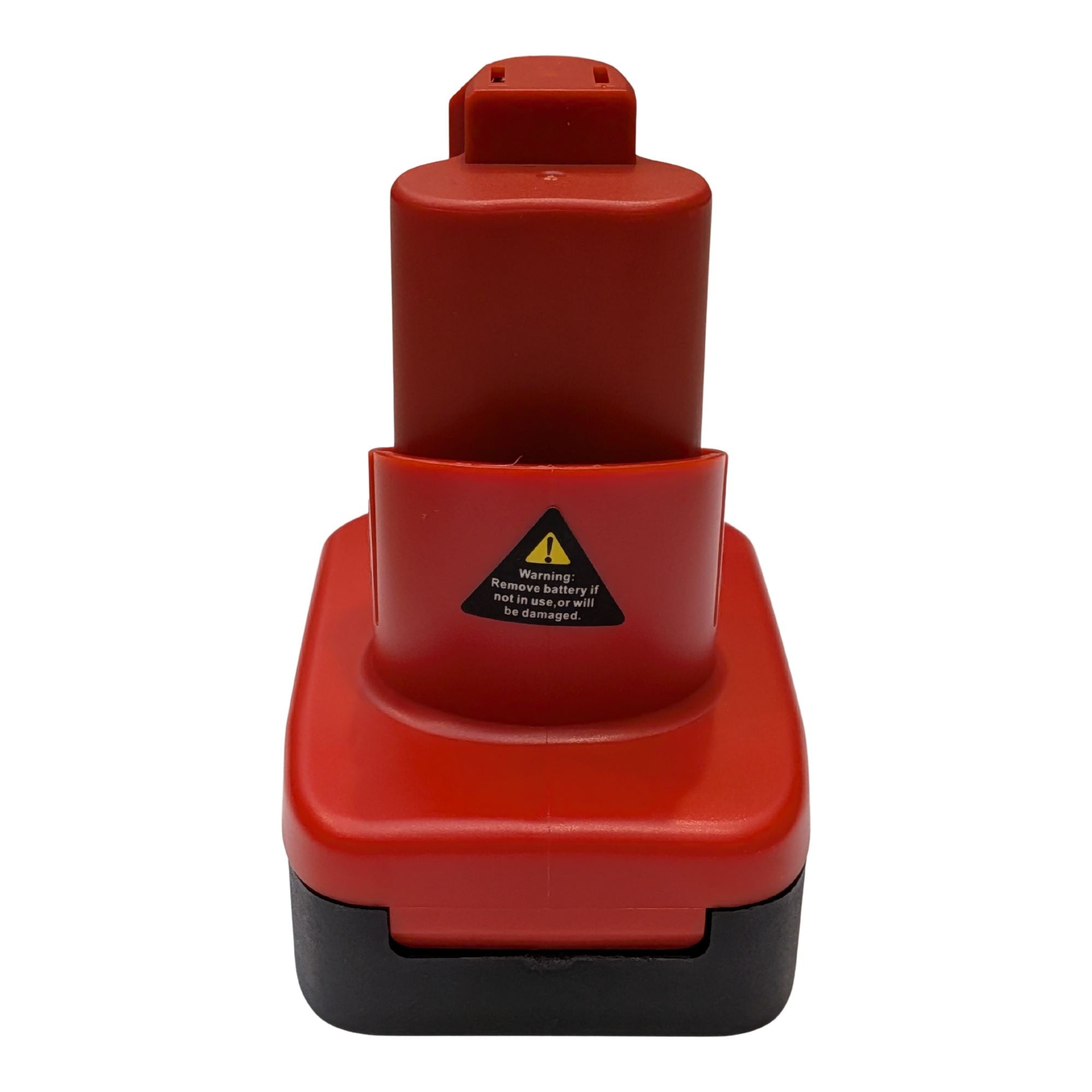 Bosch 18V GBA (Blue) to Milwaukee M12 battery adapter - front view of the Milwaukee tool-side tower with its warning label