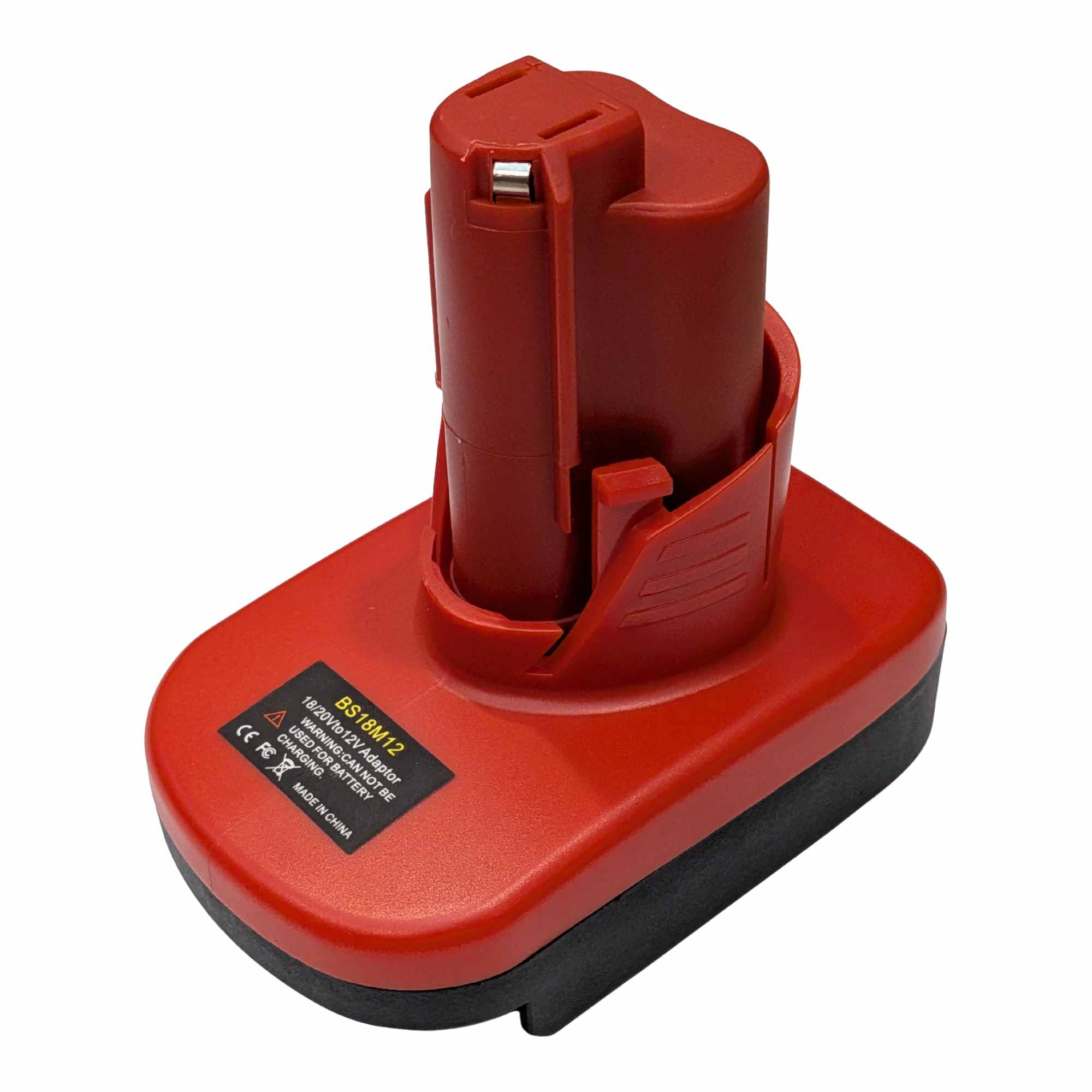 Bosch 18V GBA (Blue) to Milwaukee M12 battery adapter - Milwaukee tool-side tower on the red body above the black base