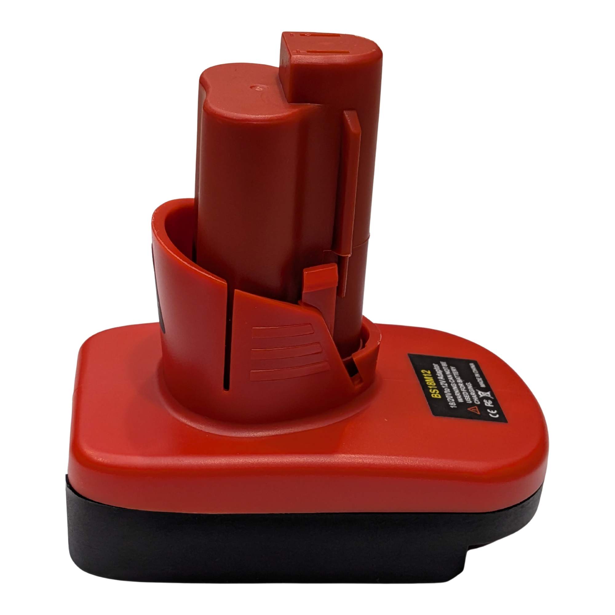 Bosch 18V GBA (Blue) to Milwaukee M12 battery adapter - Milwaukee tool-side tower on the red body above the black base