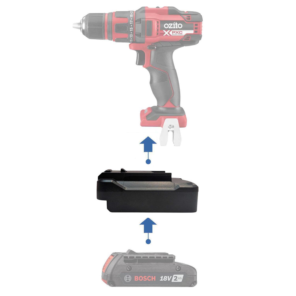 Bosch 18V GBA (Blue) to Ozito 18V PXC battery adapter - compatibility diagram showing battery, adapter and drill driver