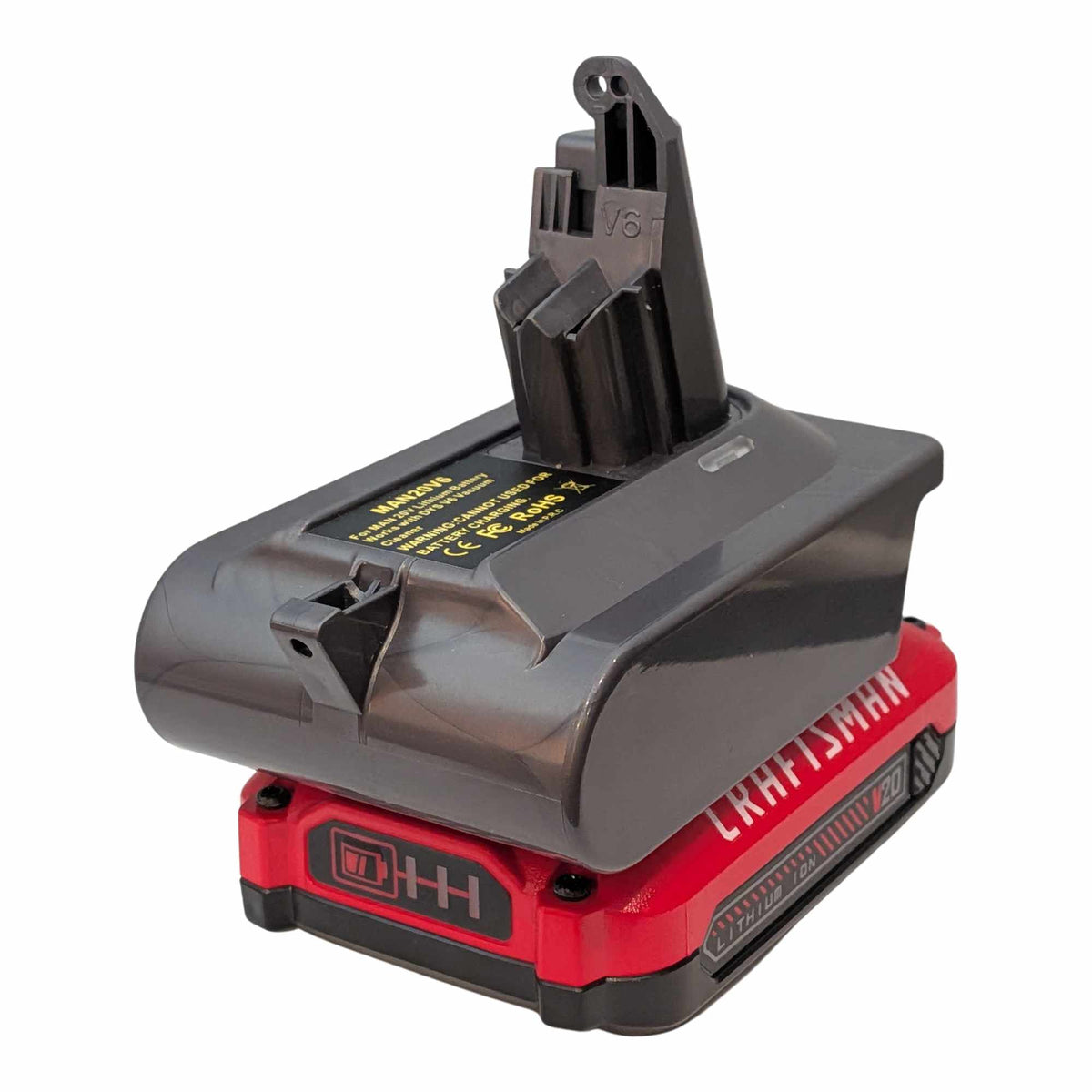 Adaptateur de batterie Craftsman 20V vers Dyson V6 : Batterie sur l’adaptateur, droite