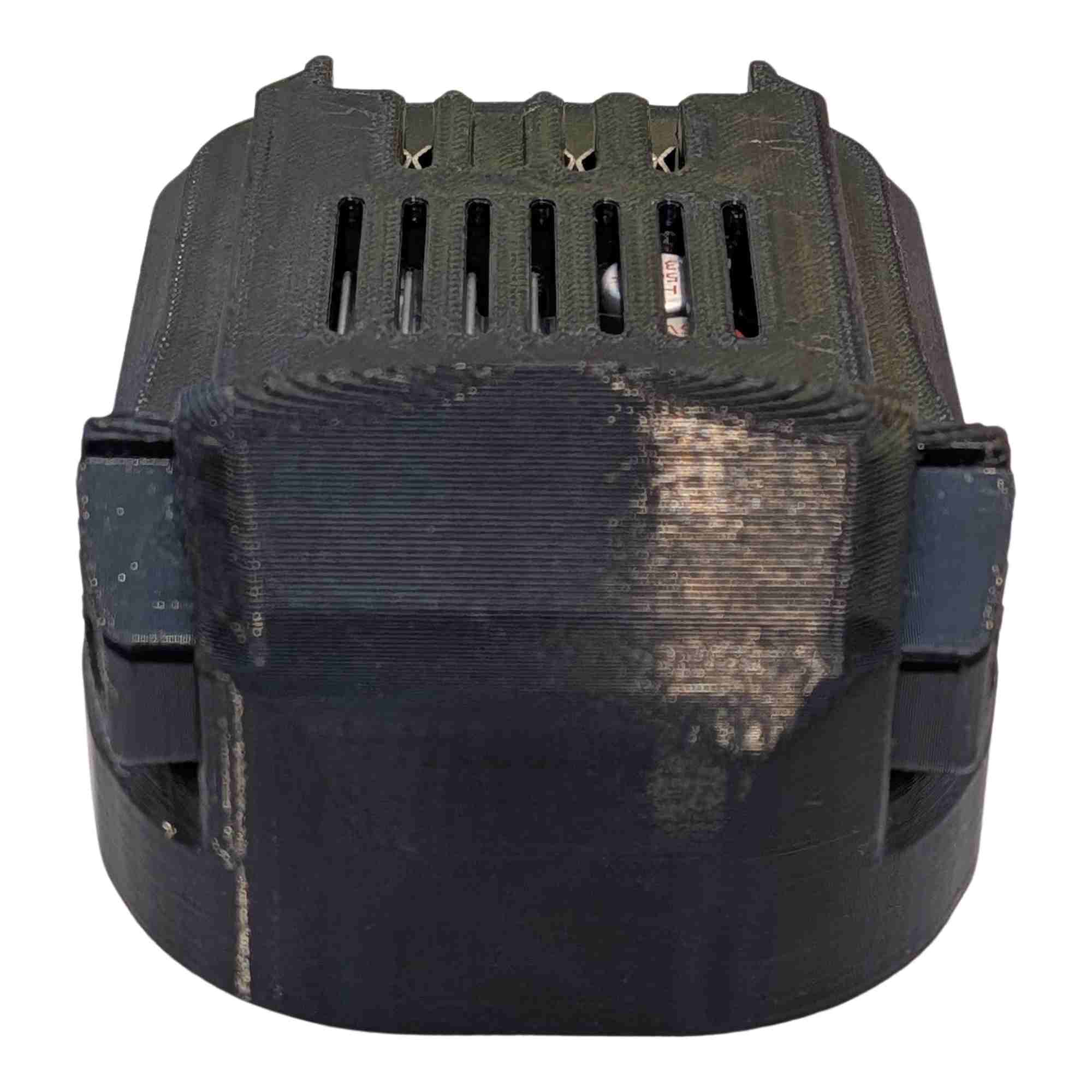 DeWalt 20V MAX to Kobalt 24V battery adapter - front view of the Kobalt tool-side connection, contact slots and vents