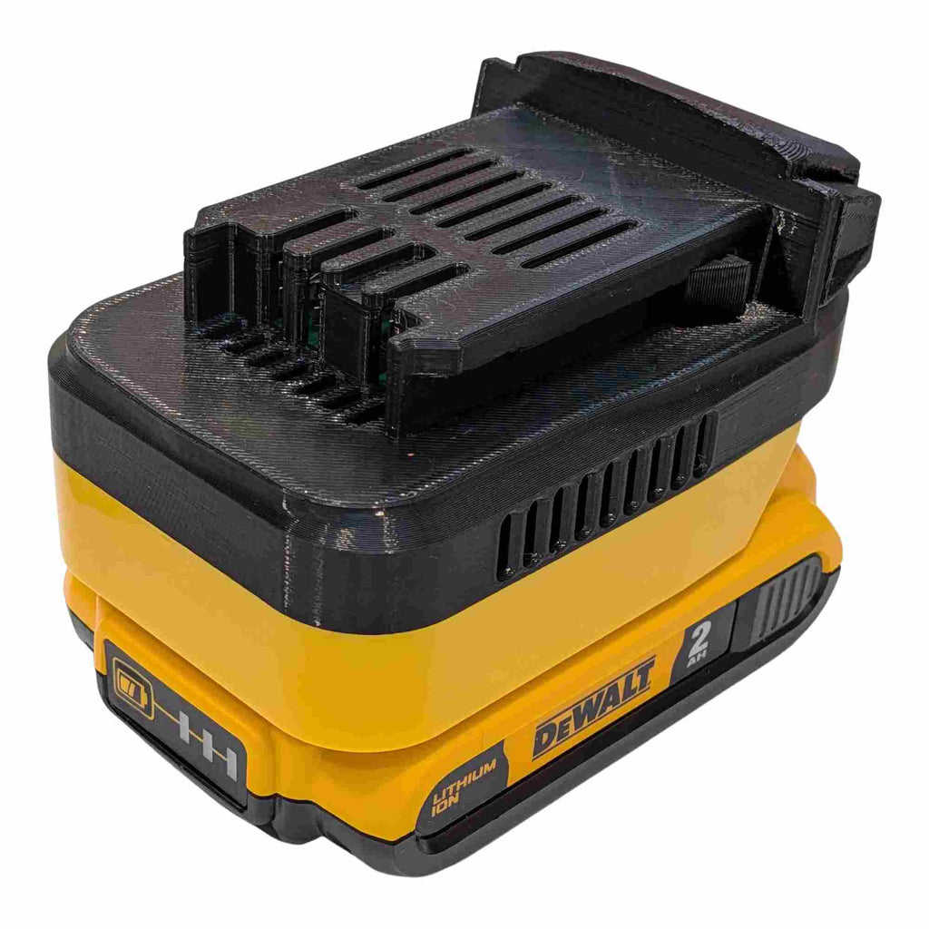 DeWalt 20V MAX to Kobalt 24V battery adapter - fitted to the DeWalt 20V MAX battery, front view, Kobalt tool side upward
