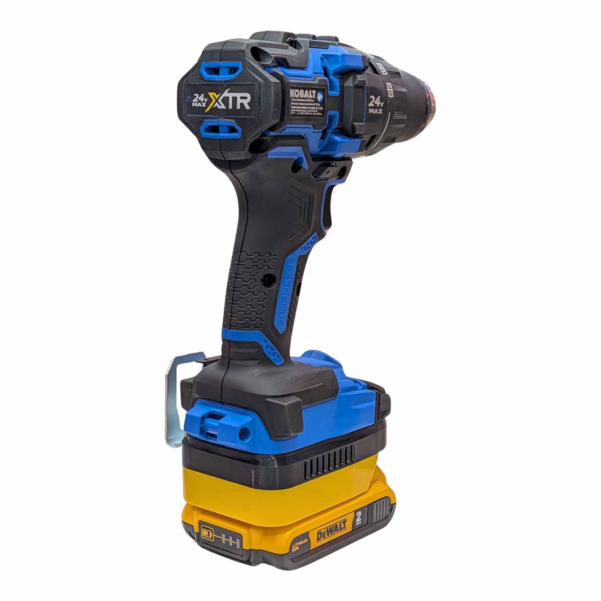 DeWalt 20V MAX to Kobalt 24V battery adapter - installed on a Kobalt drill seen from the rear, battery fitted below