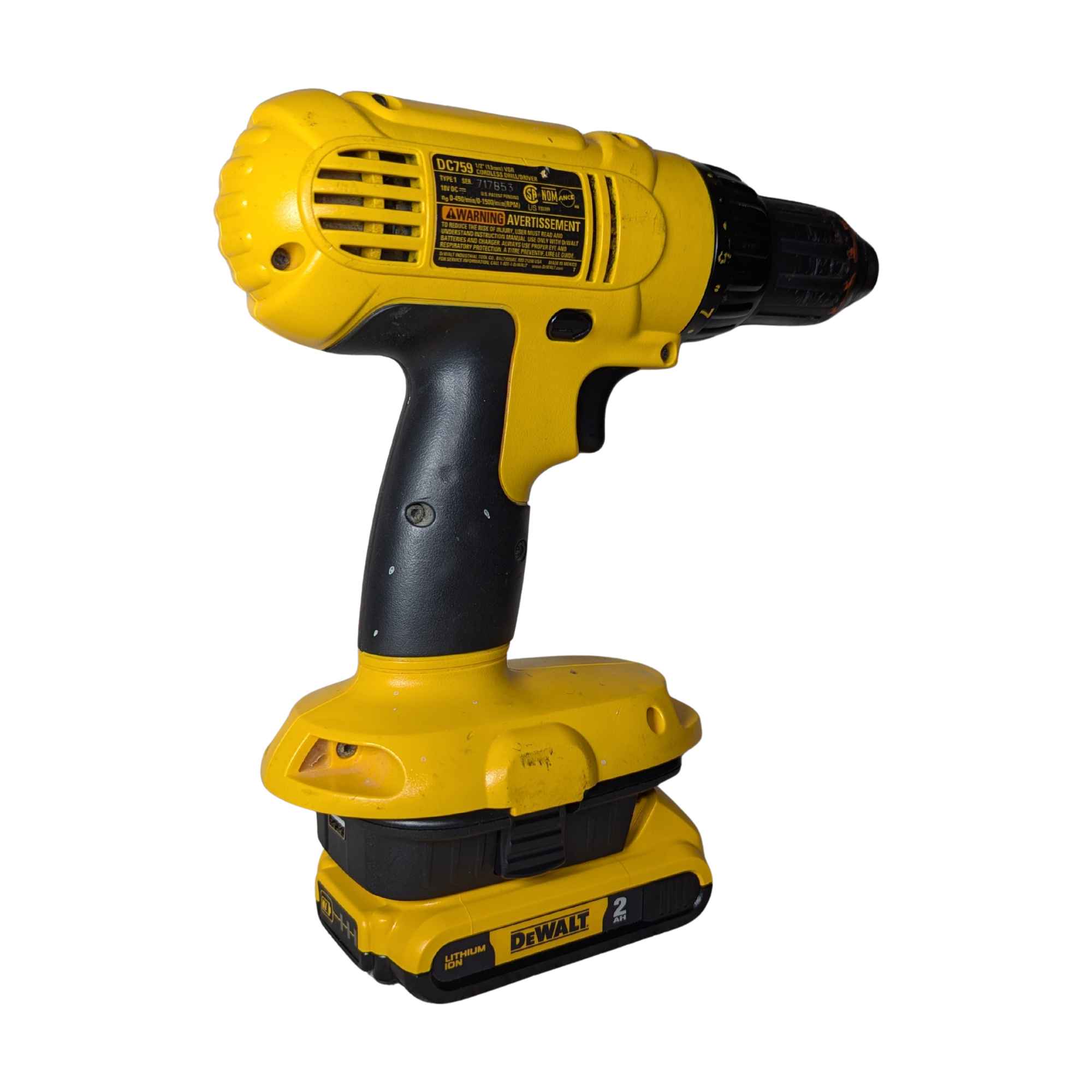DeWalt 20V MAX to DeWalt 18V Ni-Cd battery adapter - installed on a drill with the battery attached below