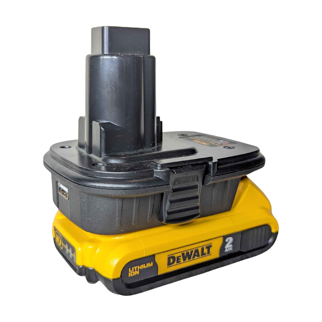DeWalt 20V MAX to DeWalt 18V Ni-Cd battery adapter - fitted to the DeWalt 20V MAX battery, tool-side post and USB port