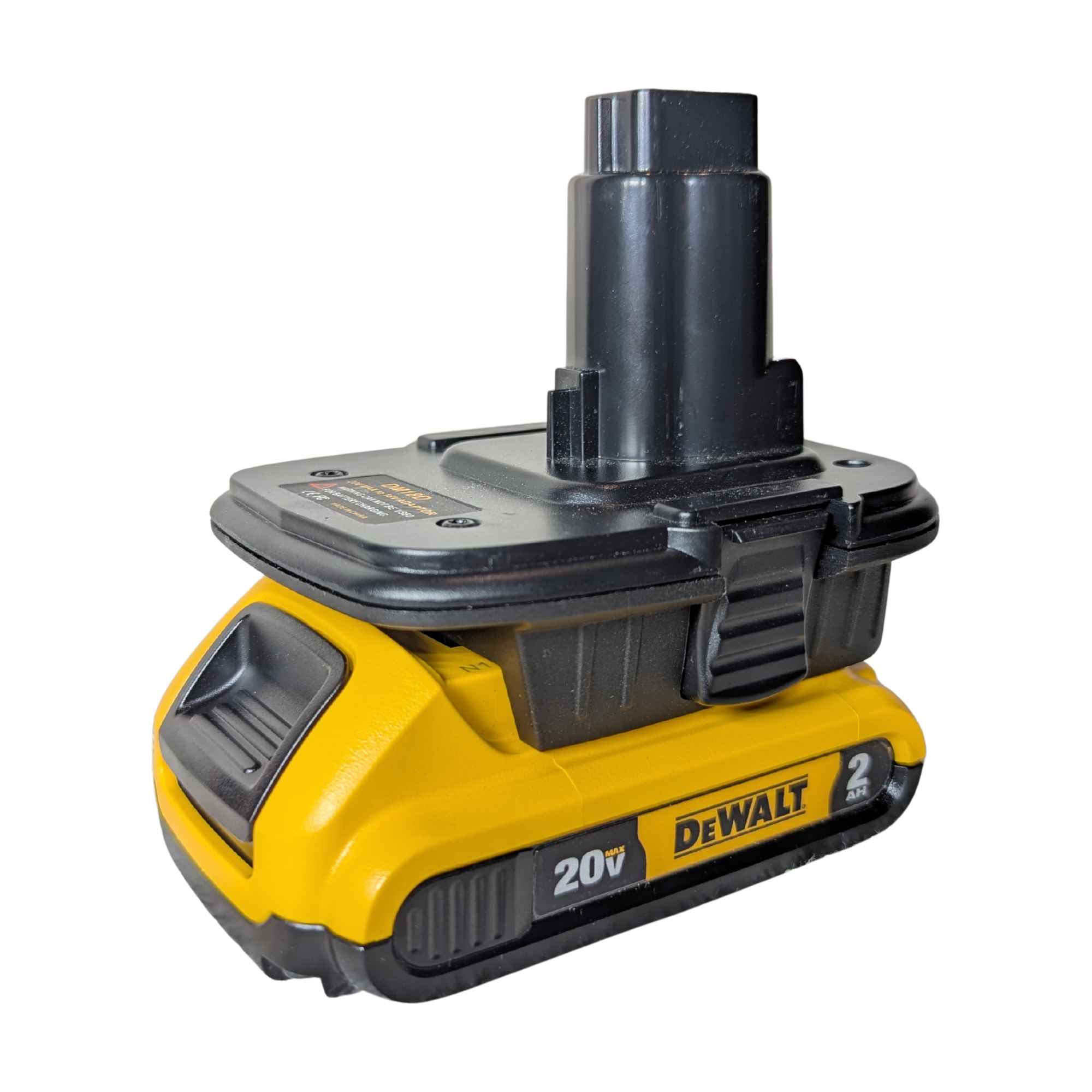 DeWalt 20V MAX to DeWalt 18V Ni-Cd battery adapter - fitted to the DeWalt 20V MAX battery, tool-side post and release latch