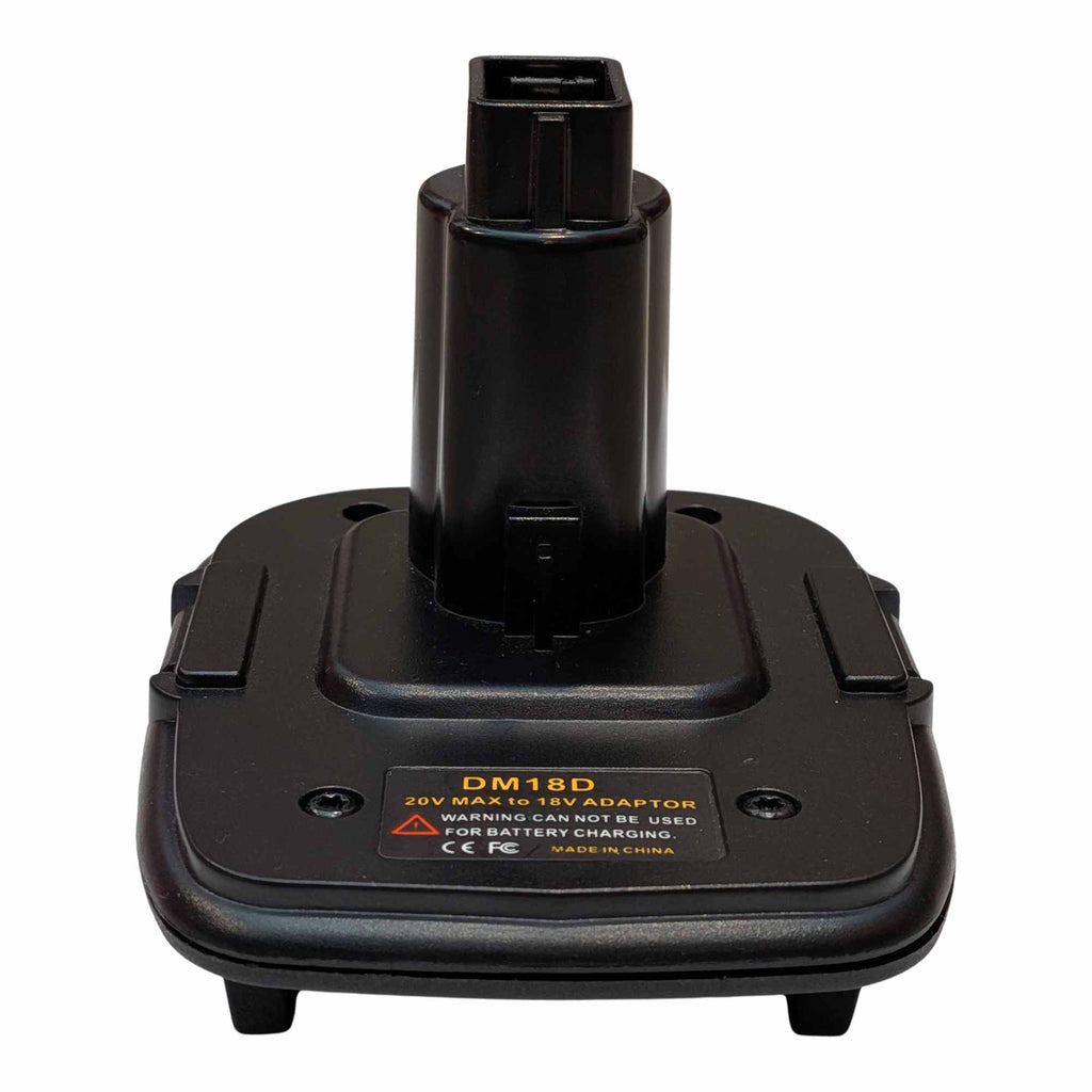 DeWalt 20V MAX to DeWalt 18V Ni-Cd battery adapter - front view, tool-side post rising from the body, warning label below