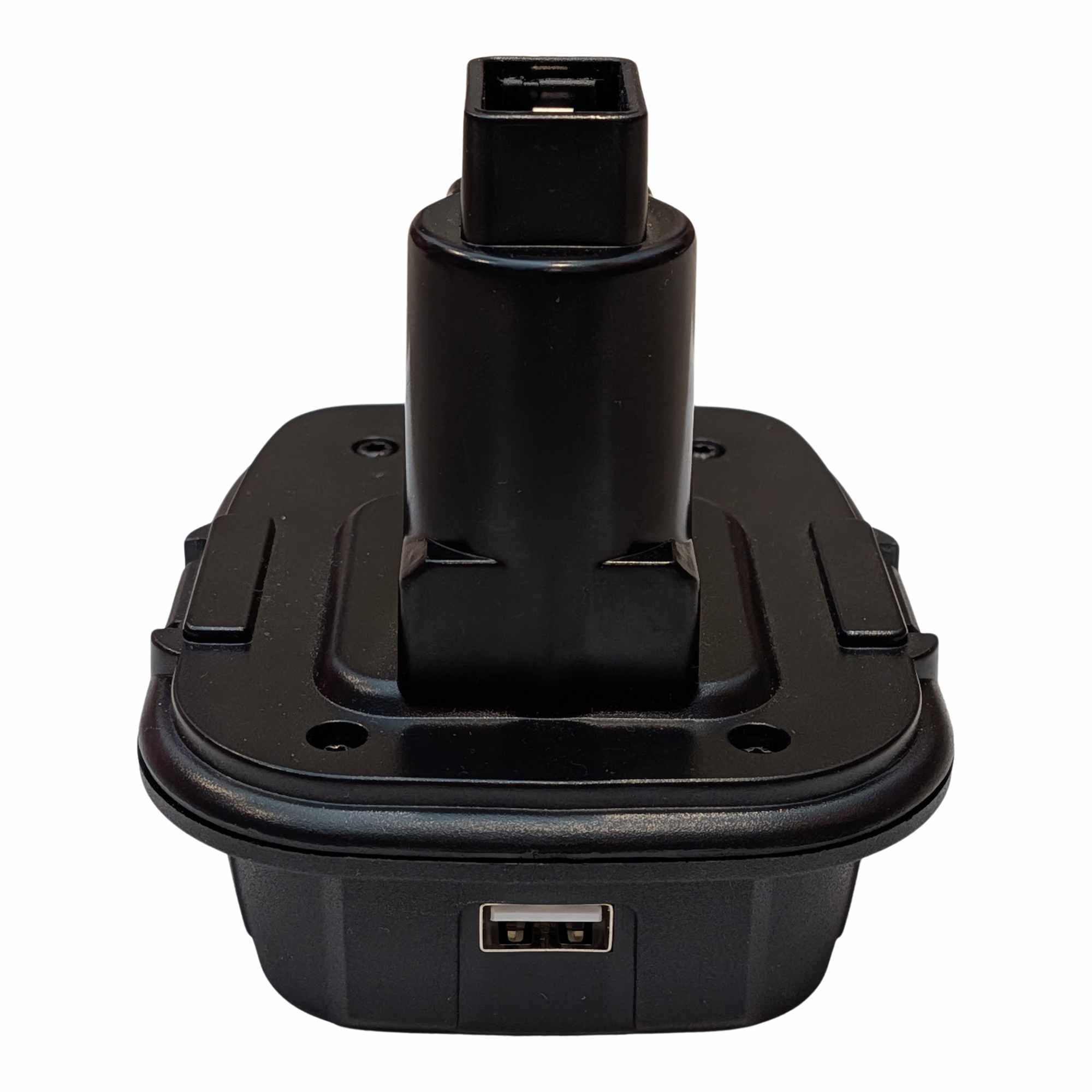 DeWalt 20V MAX to DeWalt 18V Ni-Cd battery adapter - rear view, tool-side post above the body and a USB-A port below