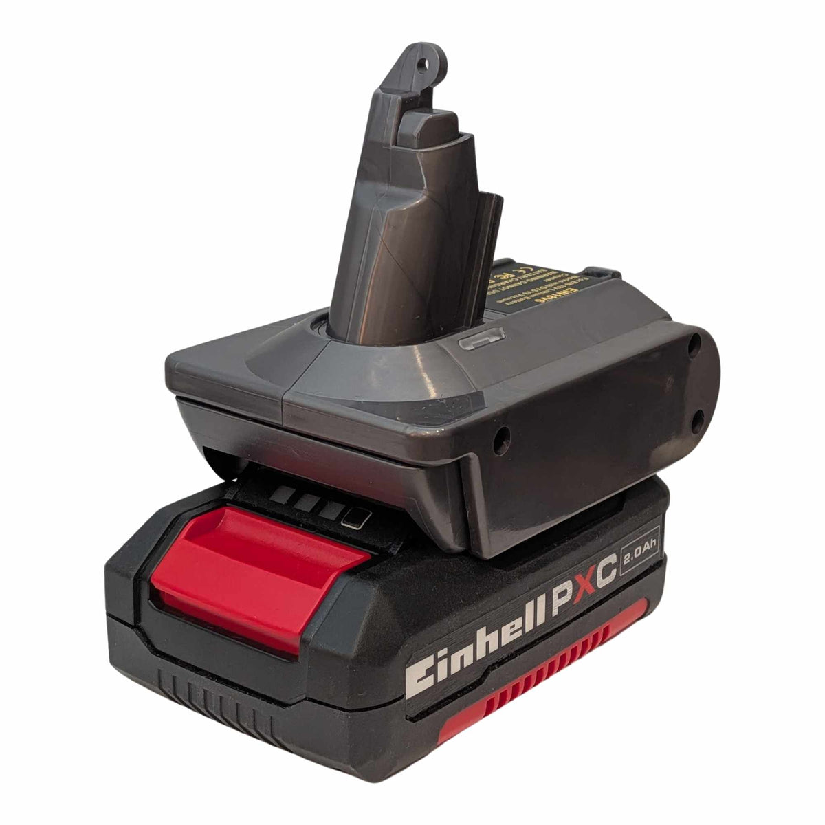 Akkuadapter Einhell 18V PXC auf Dyson V6: Akku auf Adapter, links