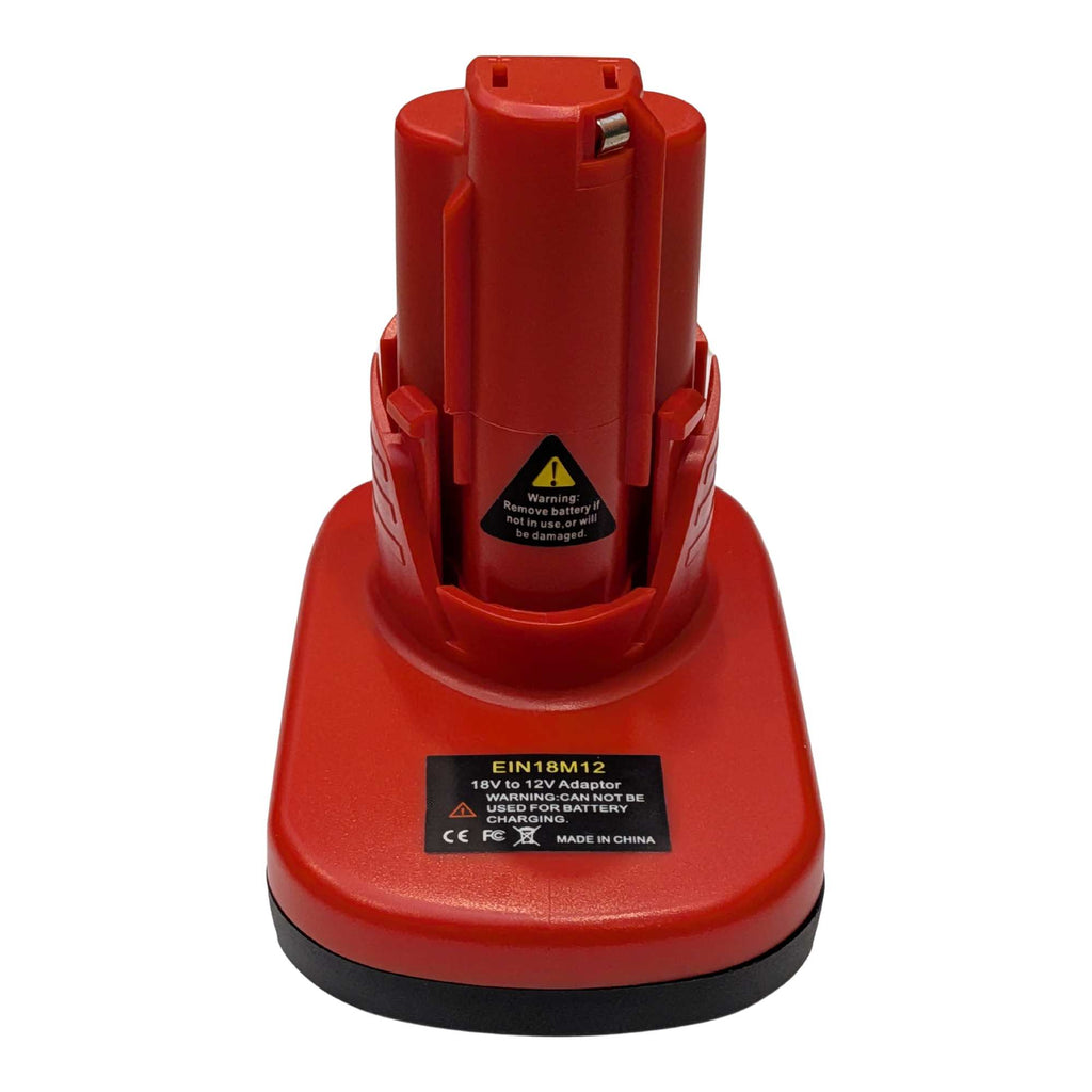 Einhell 18V PXC to Milwaukee M12 battery adapter - front view, tool-side stem with twin release catches over the black base