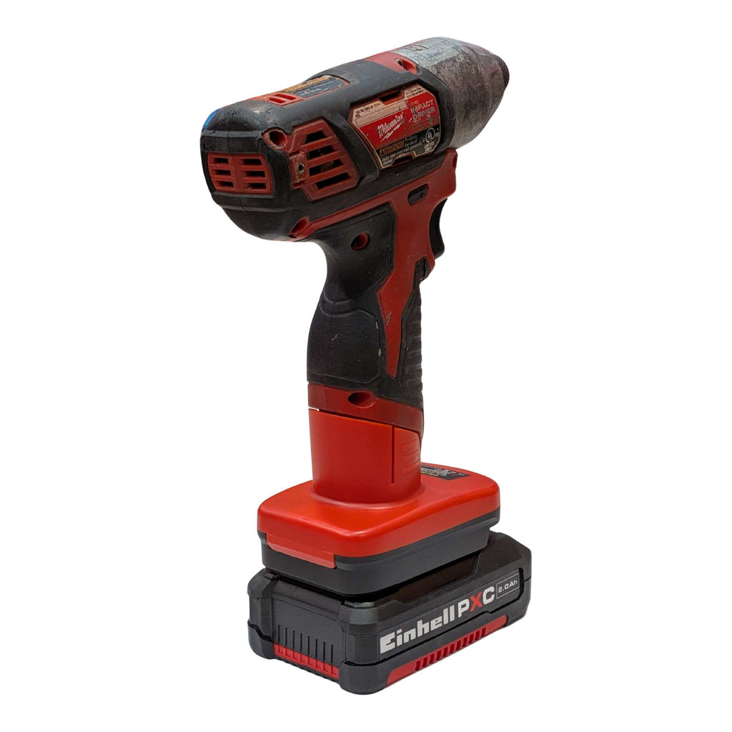Einhell 18V PXC to Milwaukee M12 battery adapter - rear view, installed on an impact driver on the battery pack