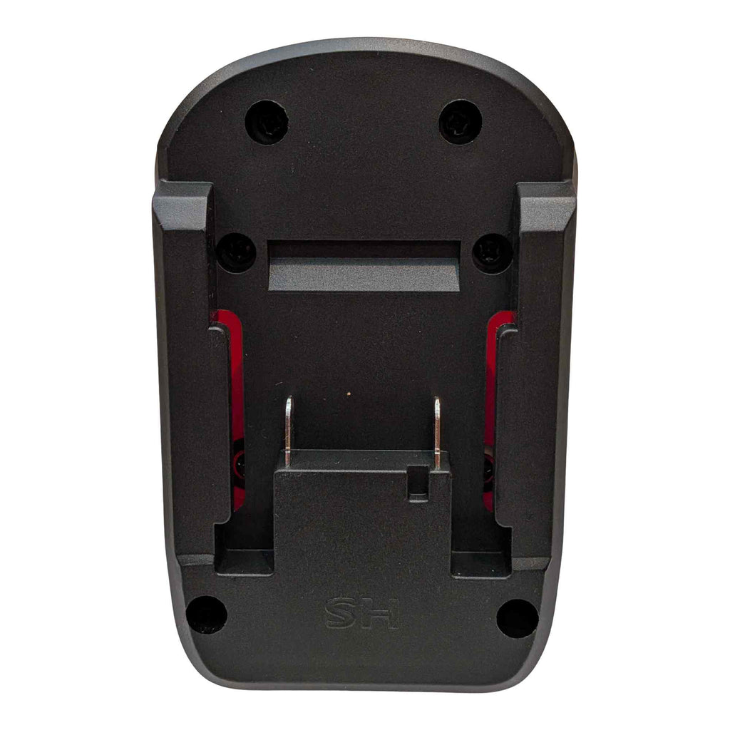 Einhell 18V PXC to Milwaukee M12 battery adapter - battery-side connection, twin copper blade terminals and the red catches