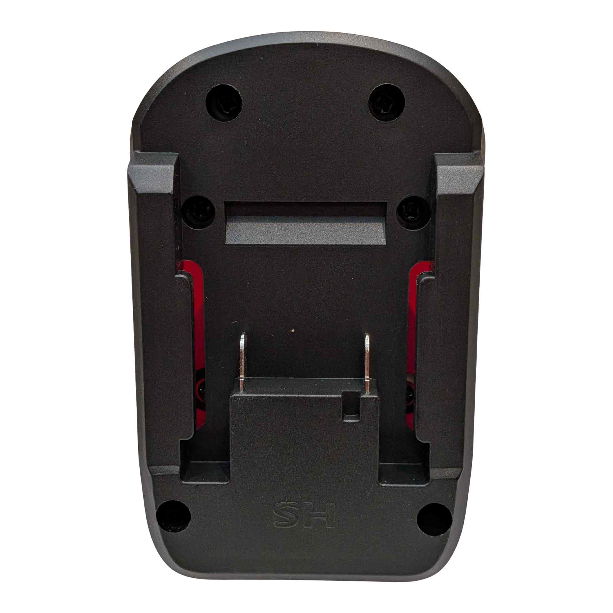Einhell 18V PXC to Milwaukee M12 battery adapter - battery-side connection, twin copper blade terminals and the red catches