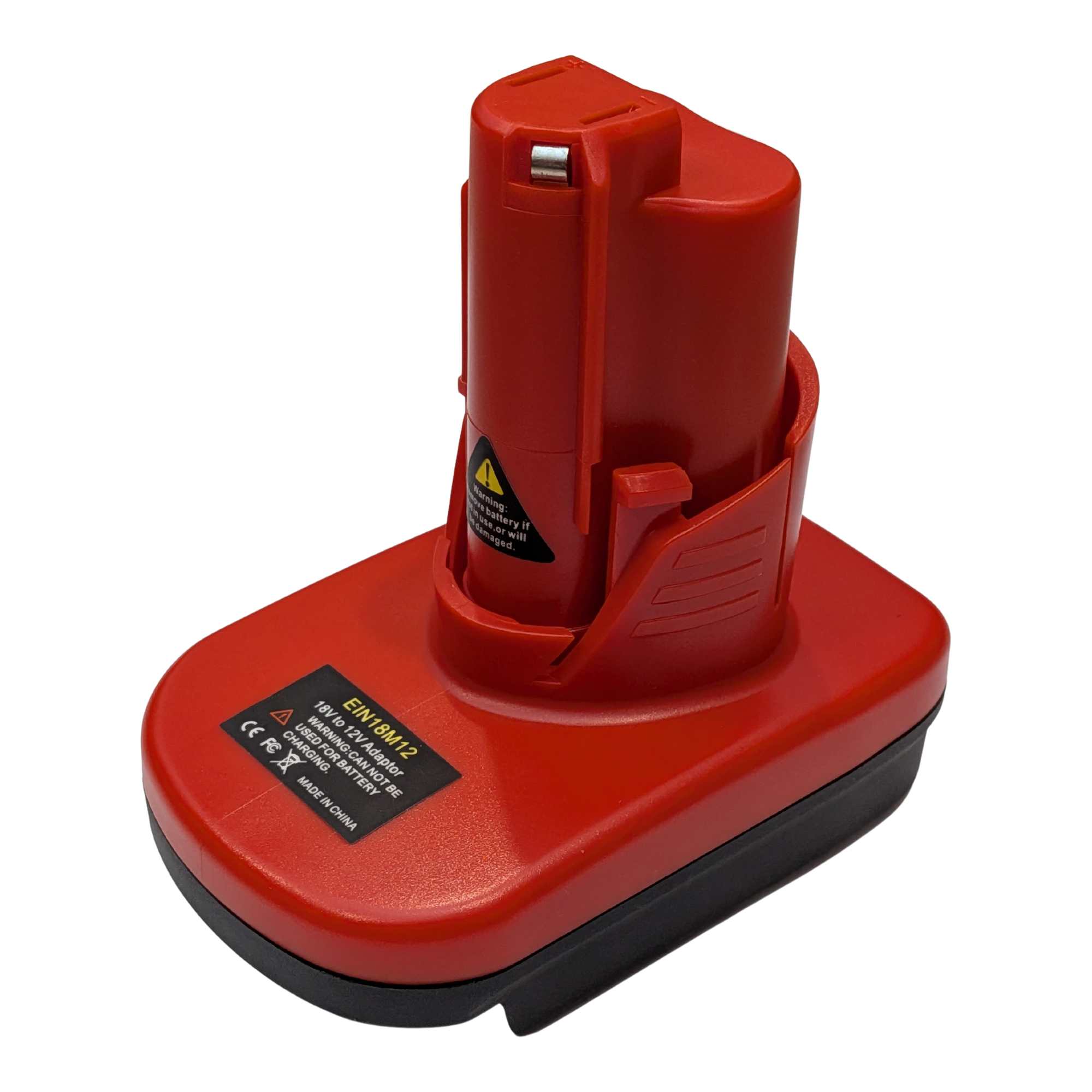 Einhell 18V PXC to Milwaukee M12 battery adapter - tool-side stem upward, red body over the black battery-side base