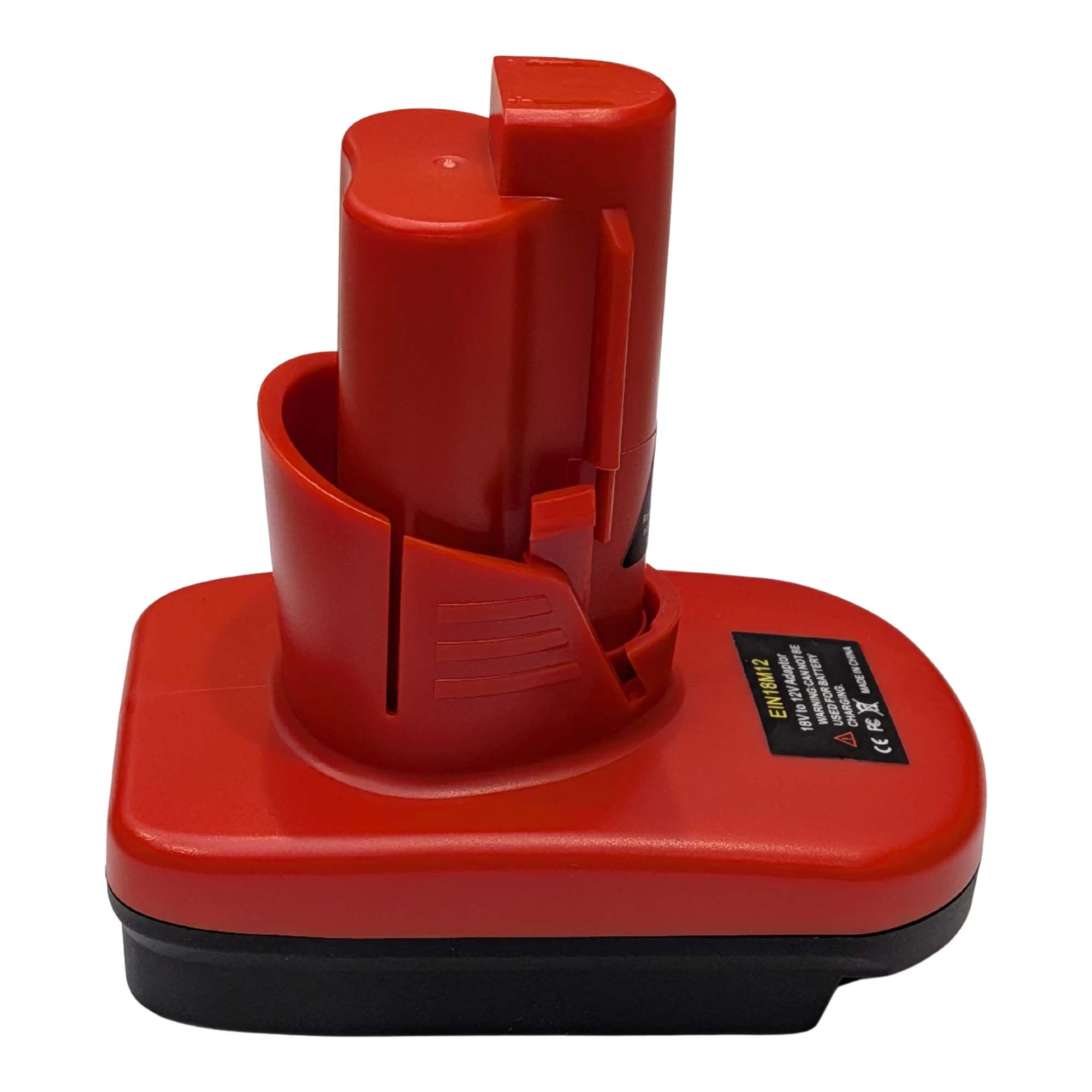 Einhell 18V PXC to Milwaukee M12 battery adapter - side view showing both connections, red body over the black base