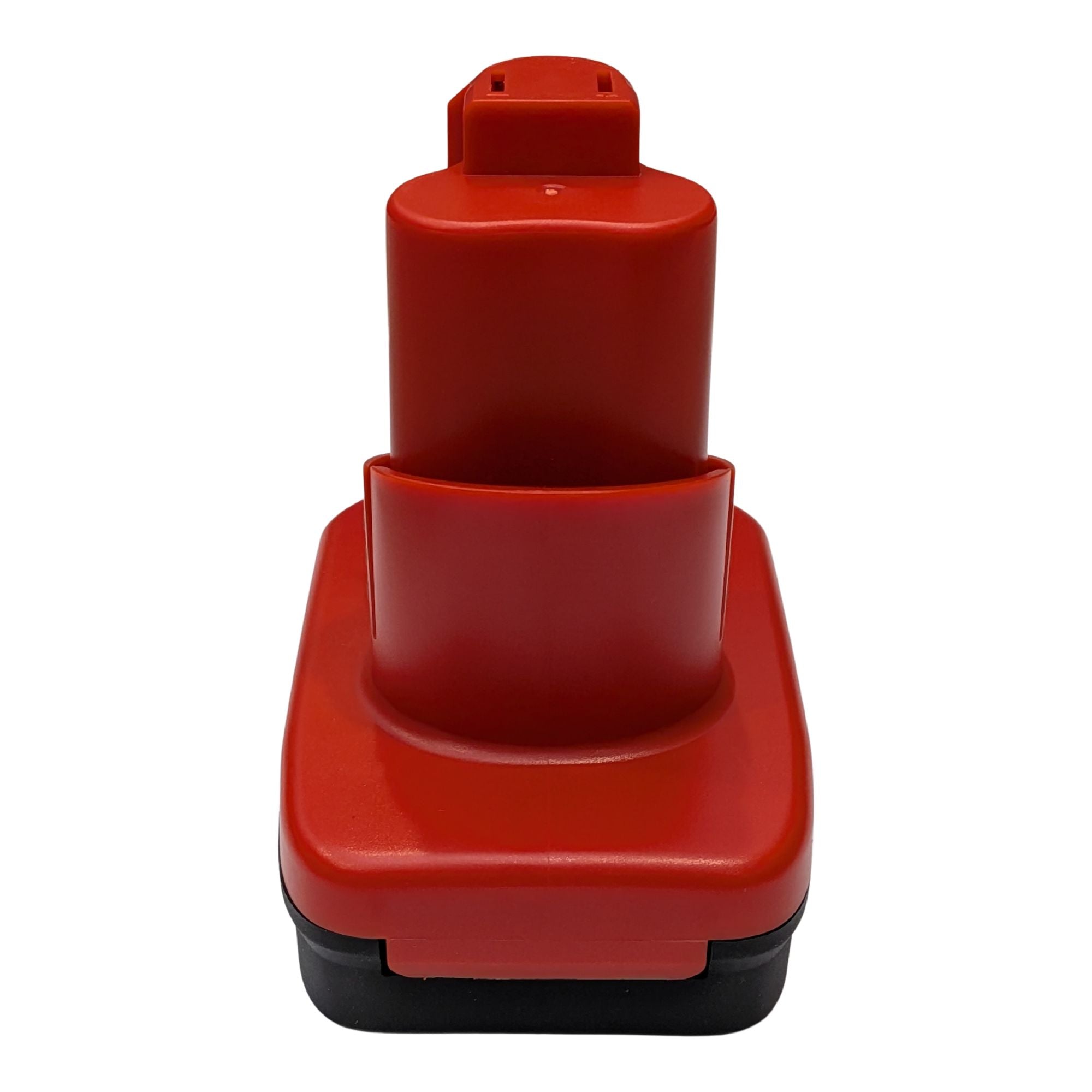 Einhell 18V PXC to Milwaukee M12 battery adapter - rear view, red tool-side stem over the black battery-side base