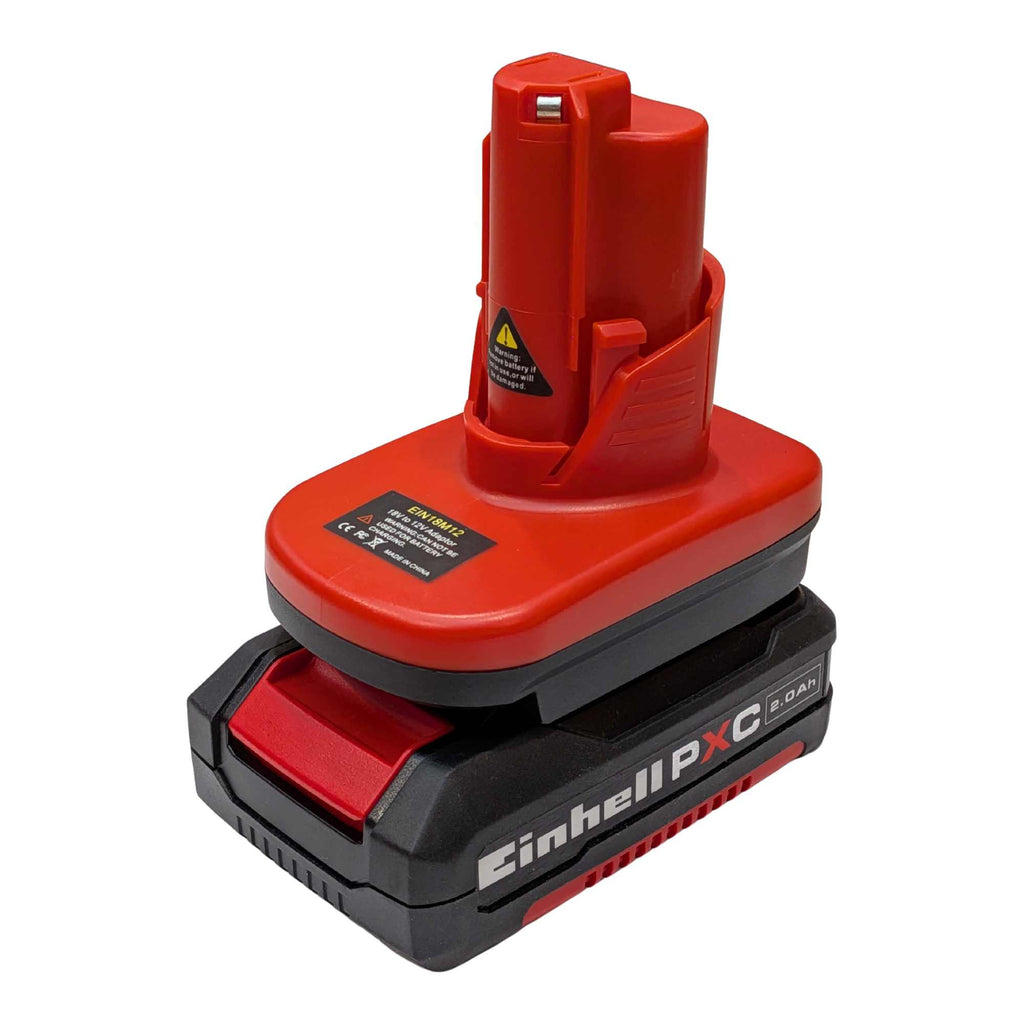 Einhell 18V PXC to Milwaukee M12 battery adapter - fitted to the Einhell 18V PXC battery, tool-side stem upward
