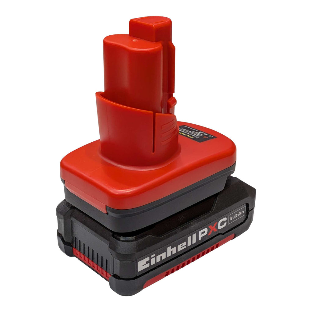 Einhell 18V PXC to Milwaukee M12 battery adapter - fitted to the Einhell 18V PXC battery, rear view