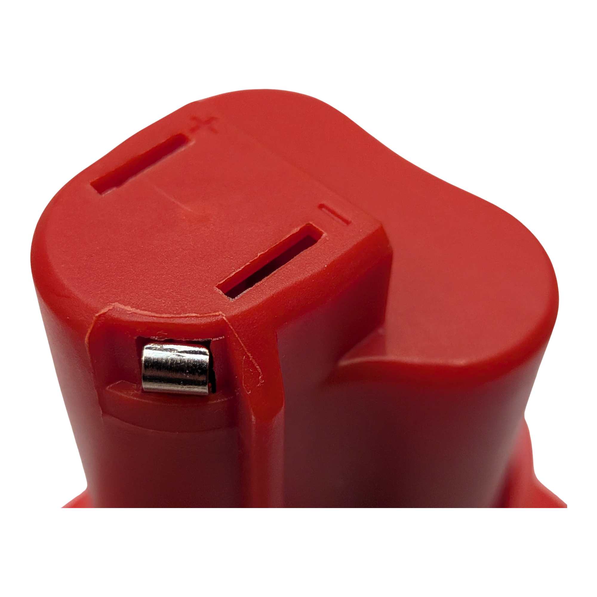 Einhell 18V PXC to Milwaukee M12 battery adapter - close-up of the tool-side head with two terminal slots and a + mark