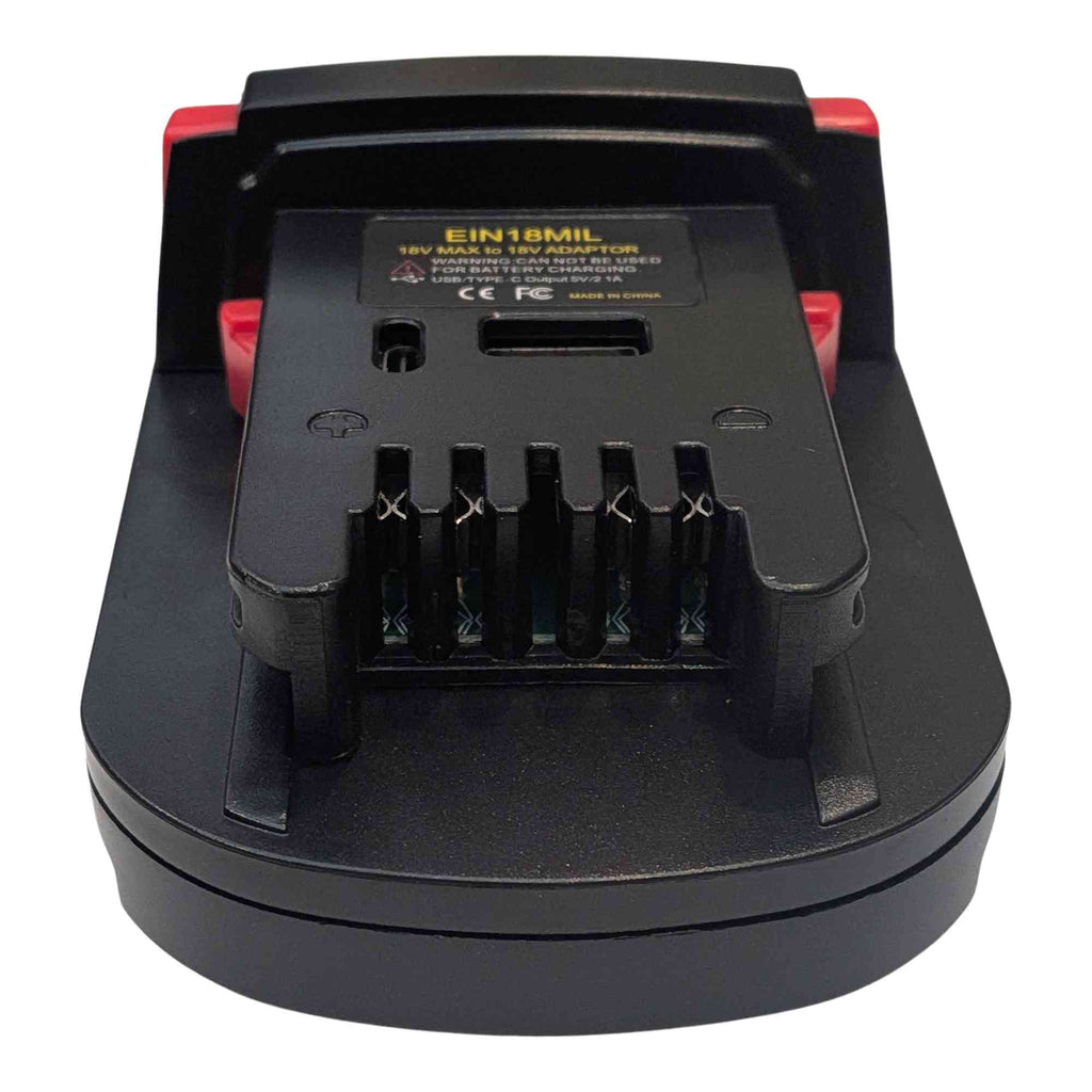 Einhell 18V PXC to Milwaukee M18 battery adapter - Milwaukee tool-side connection with four contact slots and polarity marks