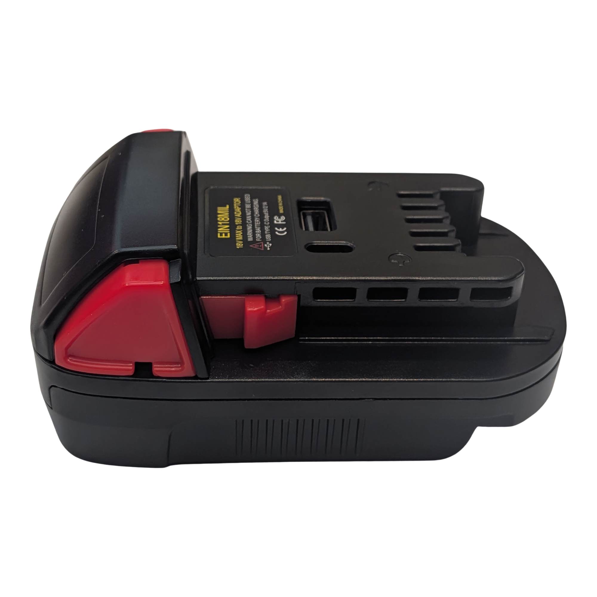 Einhell 18V PXC to Milwaukee M18 battery adapter - side view, Milwaukee tool-side connection and USB ports on the upper face