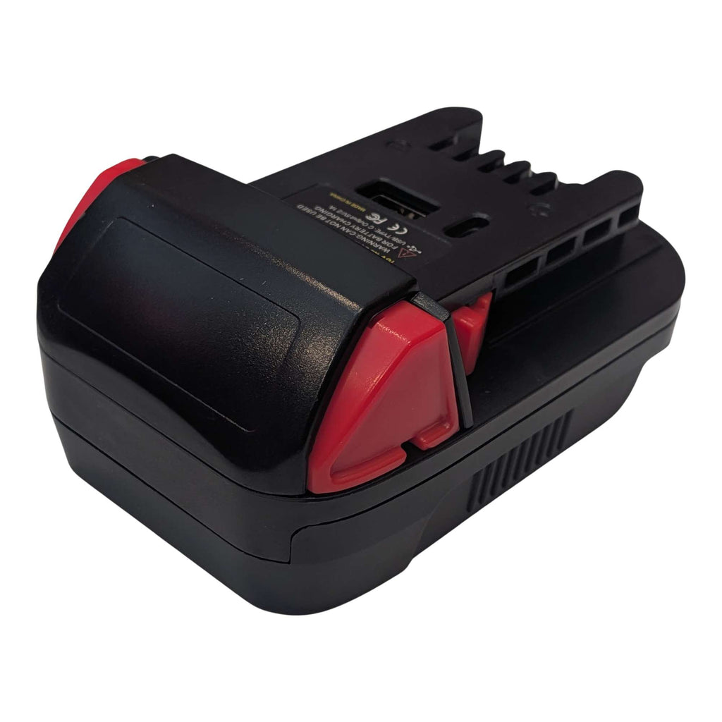 Einhell 18V PXC to Milwaukee M18 battery adapter - Milwaukee tool-side connection and USB ports, angled from above