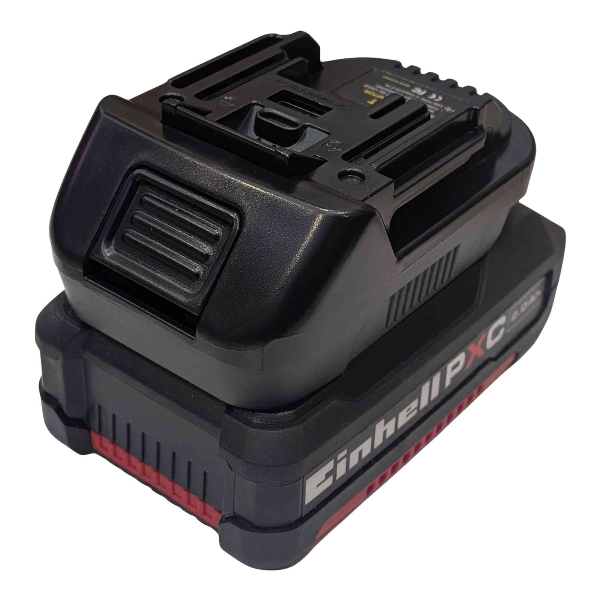 Einhell 18V PXC to RIDGID Plumbing battery adapter - fitted to the Einhell 18V PXC battery, tool-side connection upward
