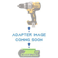 Greenworks 40V to DeWalt 20V MAX battery adapter - placeholder text reading adapter image coming soon, cordless drill above
