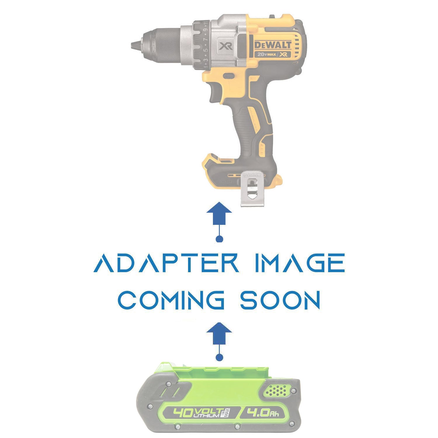 Greenworks 40V to DeWalt 20V MAX battery adapter - placeholder text reading adapter image coming soon, cordless drill above