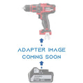 Hikoki 18V to Ozito 18V PXC battery adapter - placeholder text reading adapter image coming soon, cordless drill above