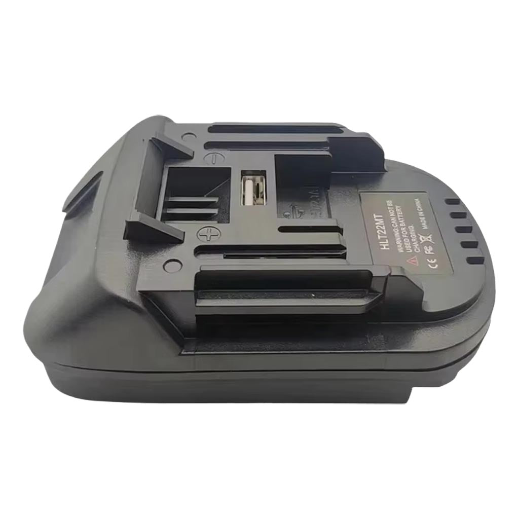 Hilti 22V to Makita 18V LXT battery adapter - side view showing both connections, tool-side face and USB port uppermost