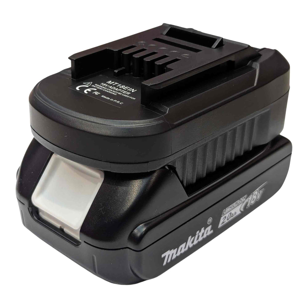Makita 18V LXT to Einhell 18V PXC battery adapter - fitted to the Makita 18V LXT battery, tool-side connection uppermost