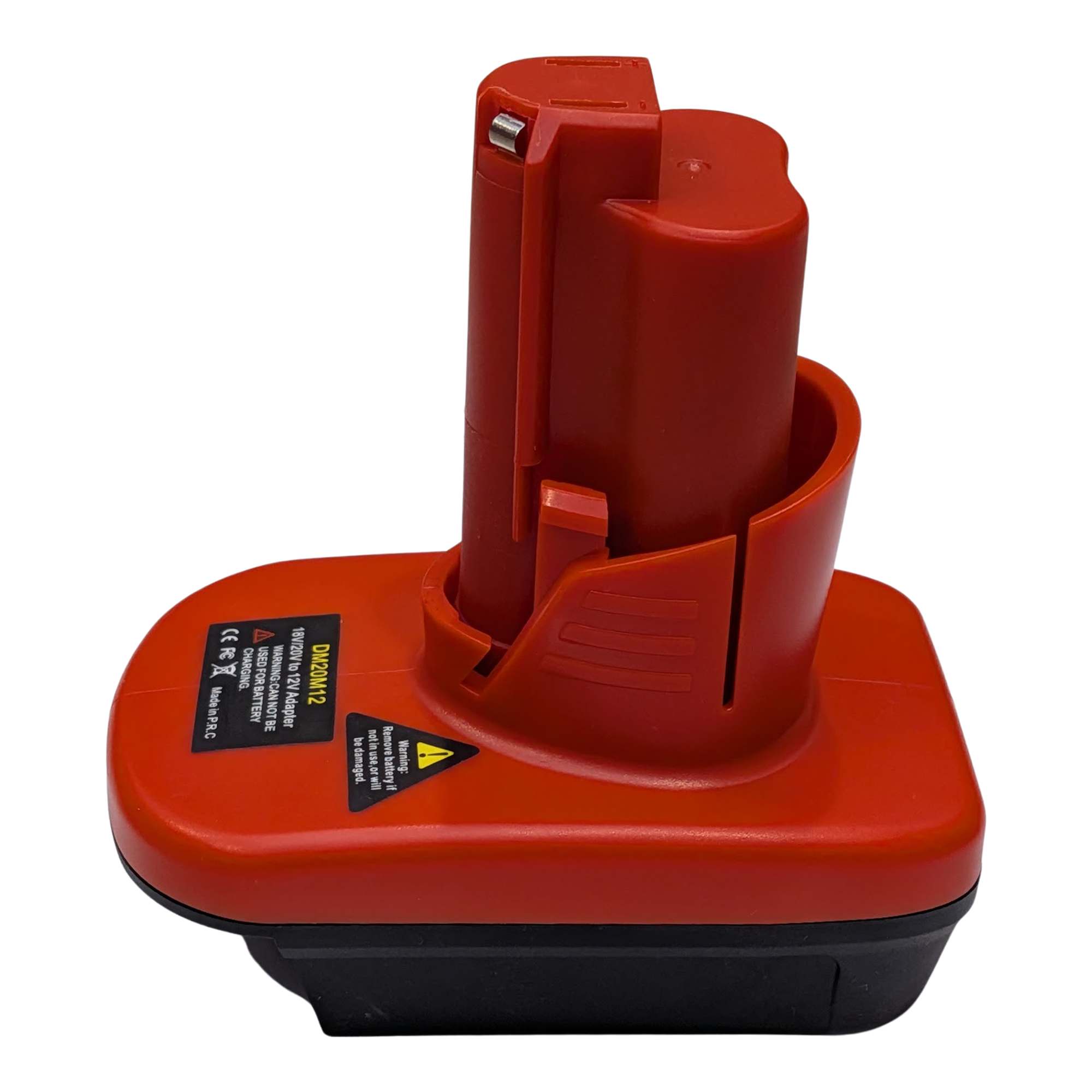 Milwaukee M18 to Milwaukee M12 battery adapter - side view, tool-side stem with its rail groove above the black base
